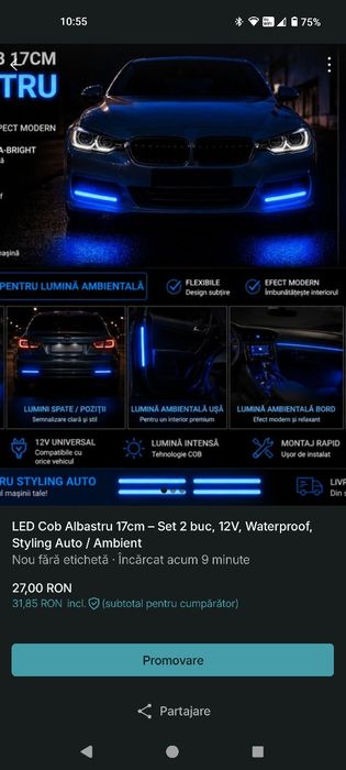 LED Lumini de Zi COB 17cm – Set 2 buc, Alb/Roșu/Albastru/Galben, 12V