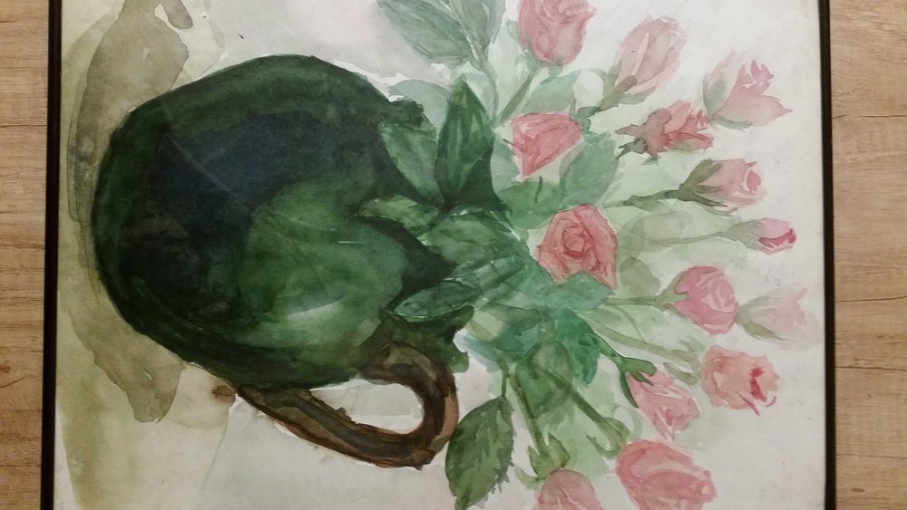 Ваза с рози. Акварел. Рамка със стъкло отпред. Размера е: 44 на 34 см.