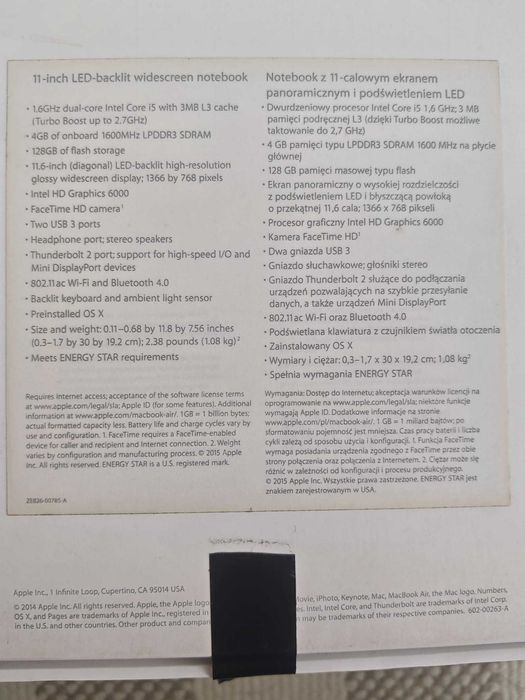 Laptop 11” Macbook Air Model A1465 Intel i5 4GB RAM DDR3 SSD: 128 GB