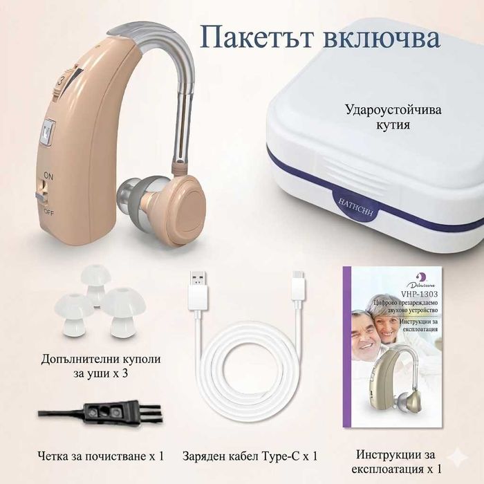 Слухов апарат универсален ляво и дясно презареждащ без паразитни шумове