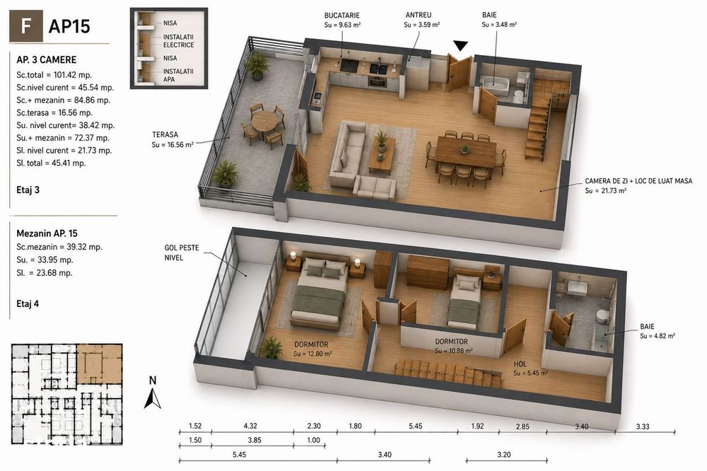 Apartament 3 camere finisat,central,tip penthouse!