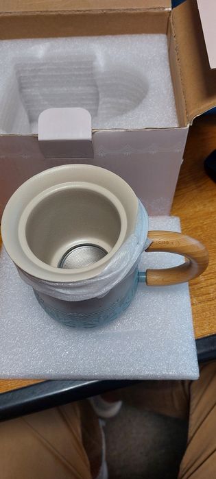 Cană de ceai premium ZENS din ceramică capac din lemn și infuzor metalic