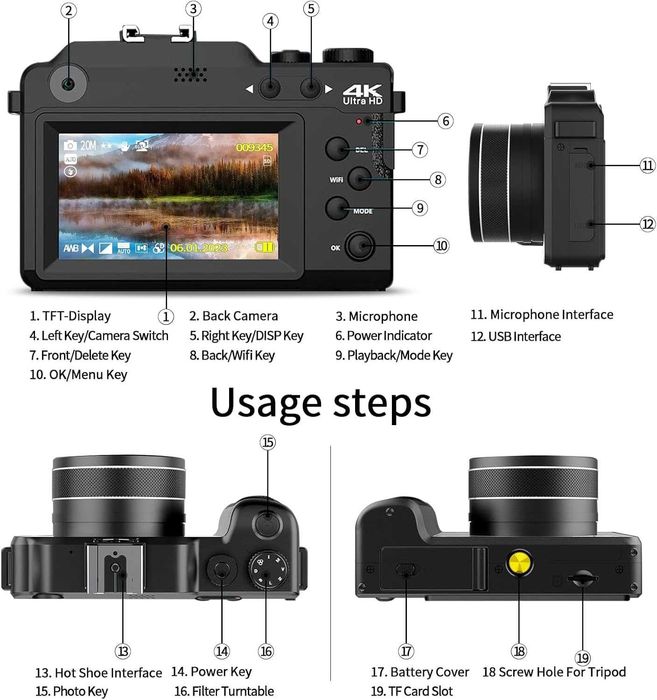 Цифрова фотокамера TEKXDD, 4K Vlog камера+ 64 GB SD карта