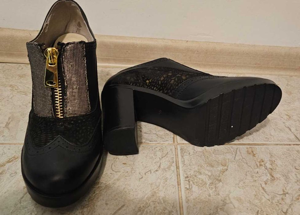 Дамдски обувки естествена кожа, златист цип, пролет-есен