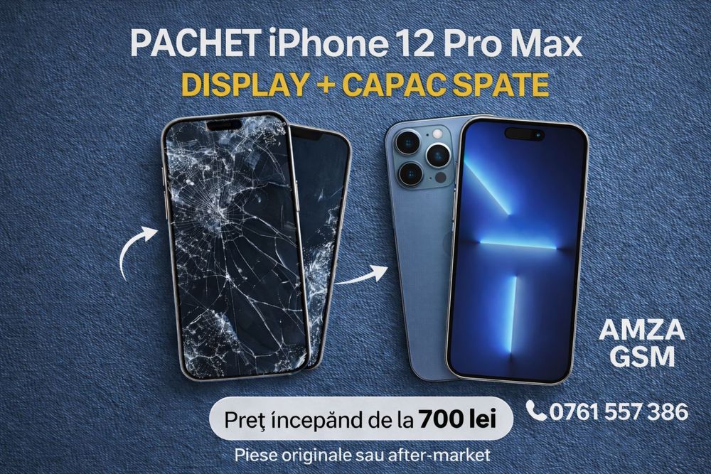 Pachet Display + Sticla Spate iPhone 12 Pro Max 16 15 14 13 Plus Ecran