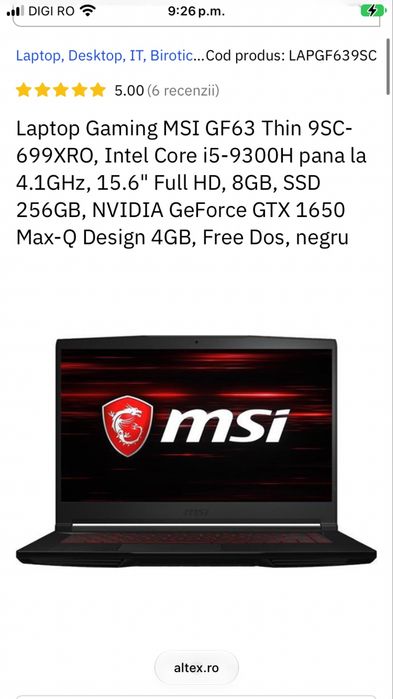 Defect pt piese Laptop Gaming MSI GF63 Thin 9SC-699XRO, Intel Core i5-9300H pana la 4.1GHz, 15.6" Full HD, 8GB, SSD 256GB, NVIDIA GTX 1650 Max-Q 4GB