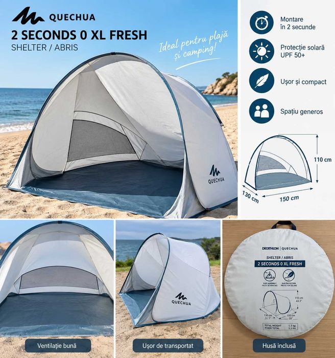 Adăpost plajă Quechua 2 Seconds 0 XL Fresh – montare instant