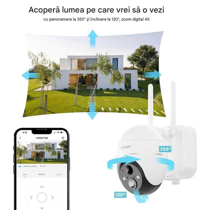 Cameră de supraveghere smart Wi-FI solară rotativa 360° ieGeek ZS-GX4S, Ultra HD de 5MP, vedere nocturnă