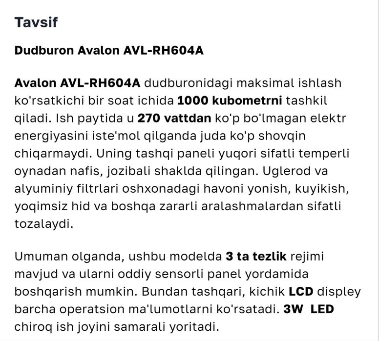 Вытяжка Avalon RH-604A модел сотилади. Медиапаркдан 300$ га олганман
