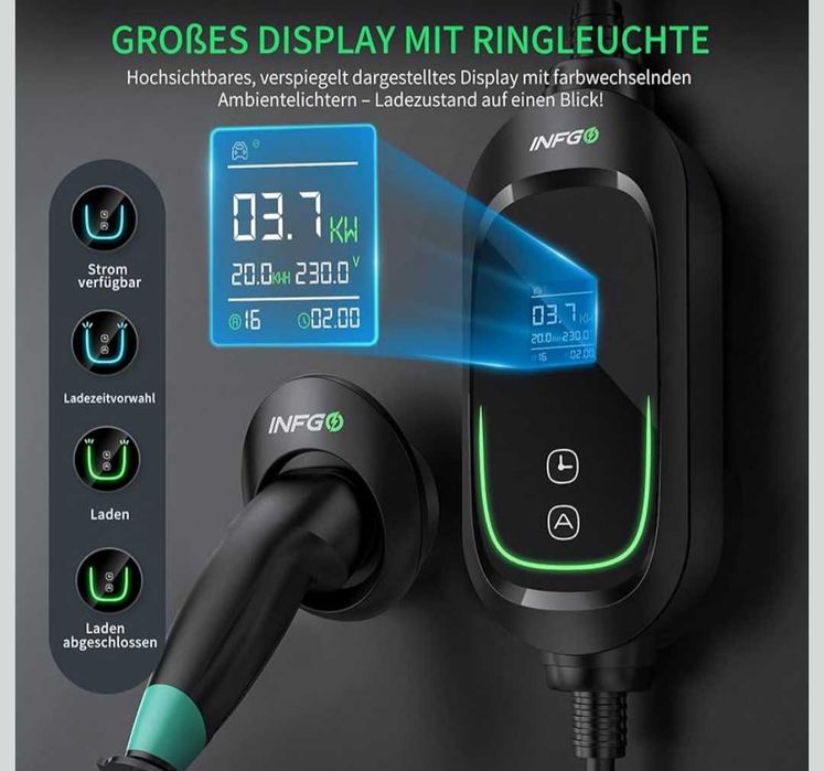 INFGO Зарядна станция тип 2 1-фазен 3.68kW 8.1 м. кабел 6-16A EV нова