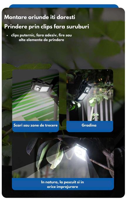 Lampa solara cu 3 moduri, clips de agatare sau suruburi, 300 lumeni