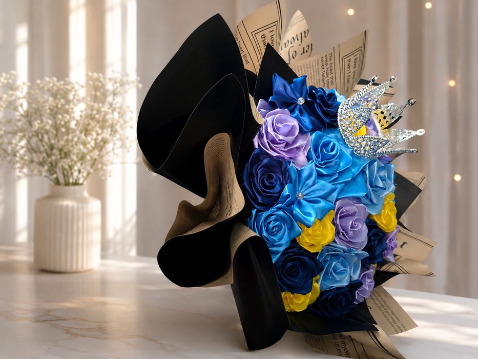 Buchet 31 flori din satin (27 trandafiri-4 plumeria)