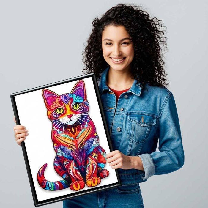 Puzzle din lemn pisica 130 piese colorate pentru adulti copii 38x24cm