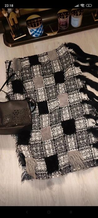 Fustă maxi din tweed patchwork, groasa, handmade, gri-negru cu detalii