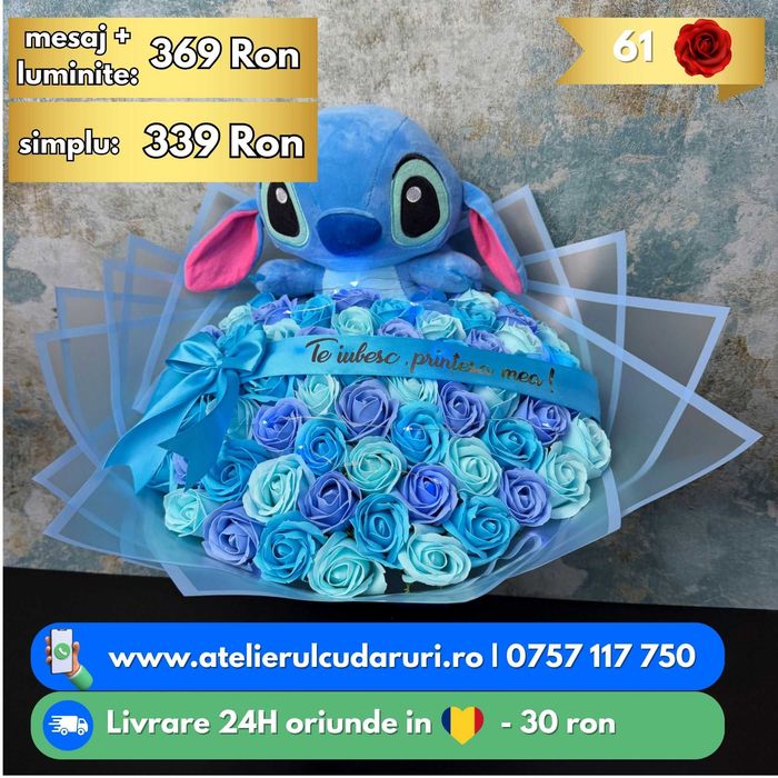 Buchete Trandafiri Sapun & Stitch & Sclipici cu Livrare