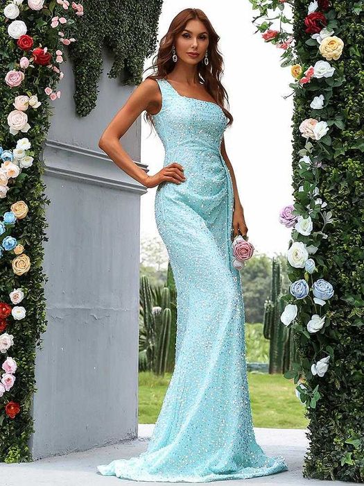 Официална дълга пайетена рокля с А-линия в небесносин цвят - М размер