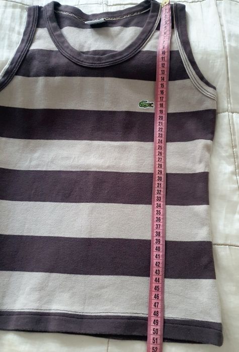 Top tricou Lacoste fara maneci,dama, femei dungi maro bej, bumbac premium elastic marime XS-M-L
