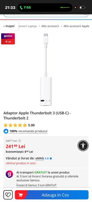 Vand adaptor apple Thunderbolt 3 (usb C)