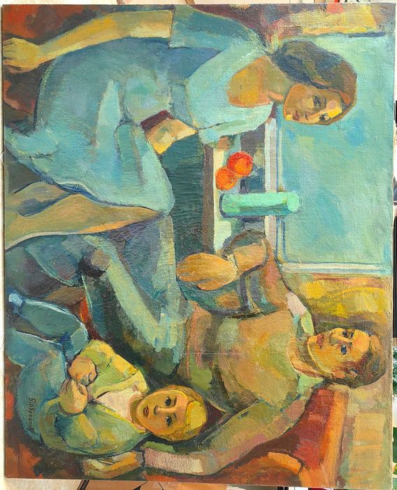 Огромна Стара Соц Реализъм Картина "Семейство", Б.Обрешков 1968 г.