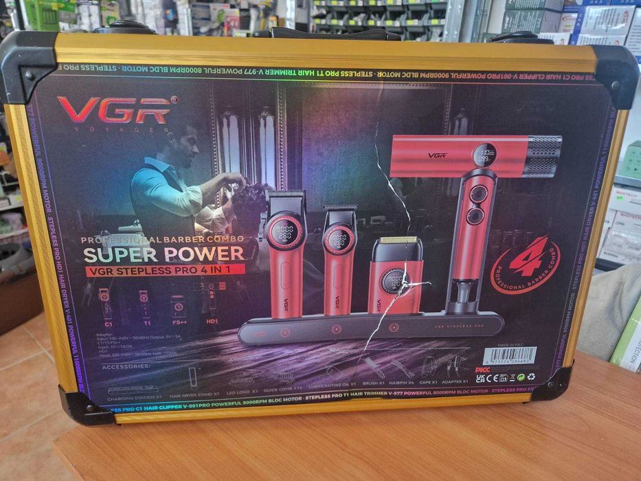 Професионален комплект машинки за подстригване VGR Stepless, 4 в 1, Тример VGR V-977, Шейвър VGR V-377, Сешоар VGR 401