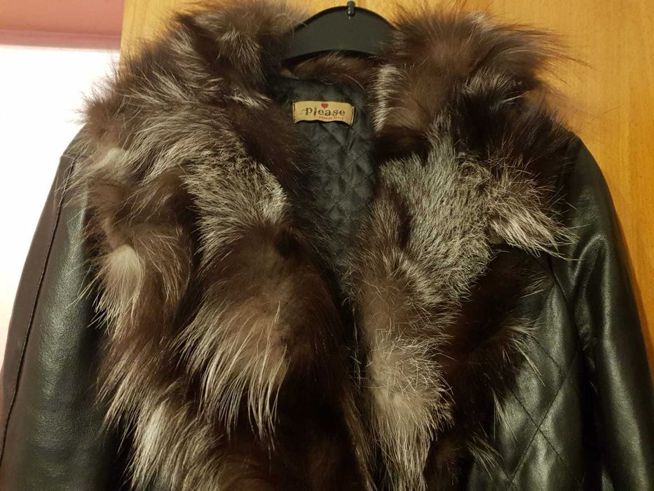 Geaca piele cu guler de blana naturala
