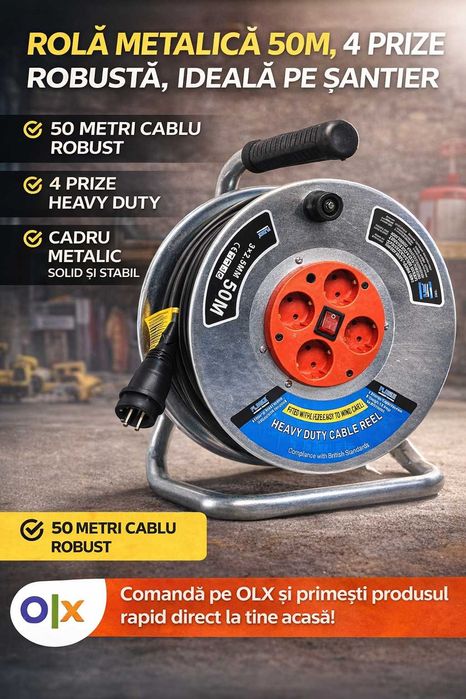 Rola metalica 50m cu 4 prize cablu profesional heavy duty