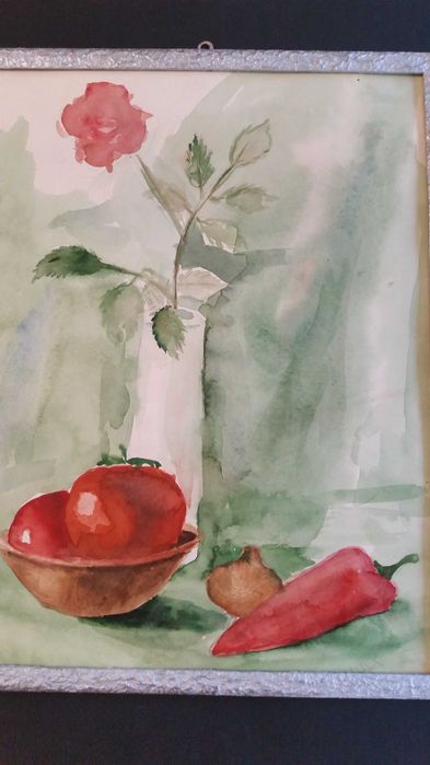 Ваза с цветя. Акварел. В прекрасна сребърна рамка със стъкло отпред.