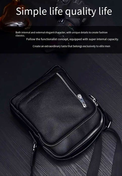 Мъжка дизайнерска и луксозна кожена чанта /Черна естест. кожа-Промоция