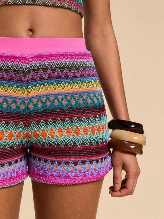 Летен бохо комплект къси панталонки памучни къс топ шарени розово