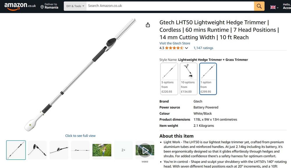 Trimmer gard viu Gtech LHT5+baterie+incarcator - pentru piese/reparat