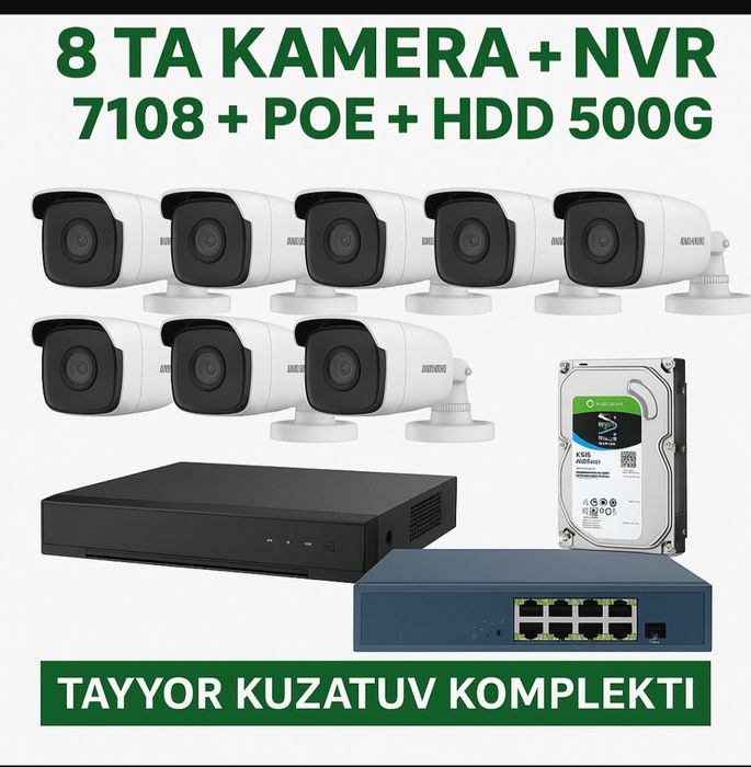Tayyor Kuzatuv Komplekti | 8ta Kamera | NVR |  HDD | POE 8+2