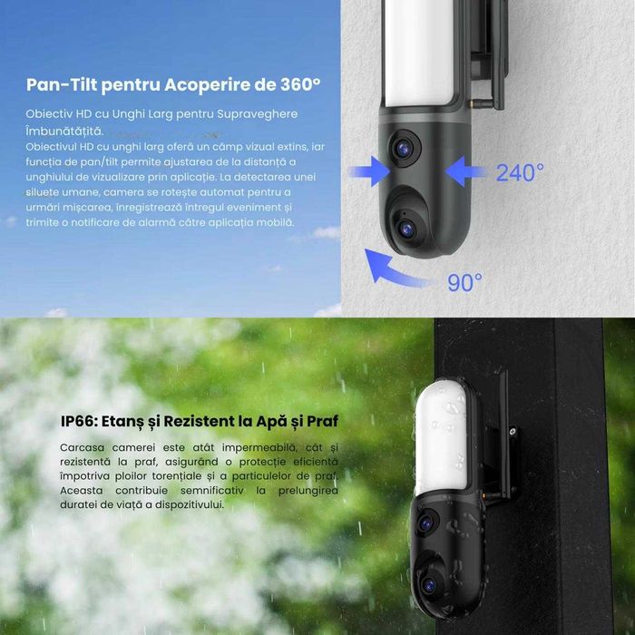 Camera Supraveghere WiFi cu Lampa de iluminat LED Rezolutie 6MP, Dual Lens, Night Vision Color, Detectie Miscare , Exterior, Control din Telefon