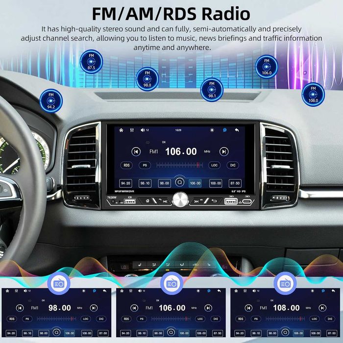 Двудиново автомобилно радио с безжичен Carplay/Android Auto, 6.8-инча