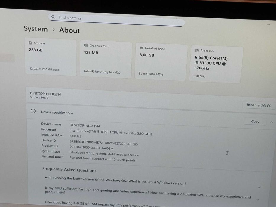 Microsoft Surface Pro 6 i5-8350U/8RAM/256SSD/Intel UHD 620/QHD Touch