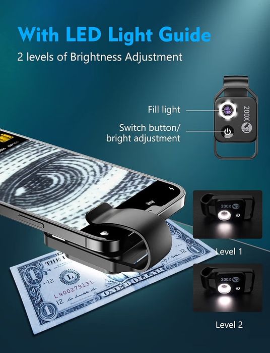APEXEL Clip-on Phone Microscope, 200x with Slides for Kids, Black