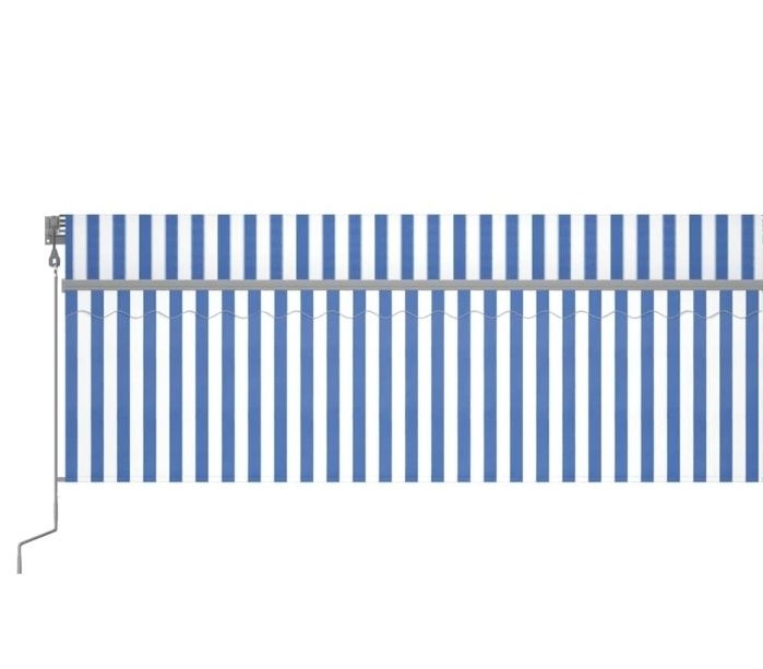 Copertină retractabilă automată 3 x 2,5 m albastră/albă cu baldachin, protecție UV și telecomandă, copertină impermeabilă pentru terasă