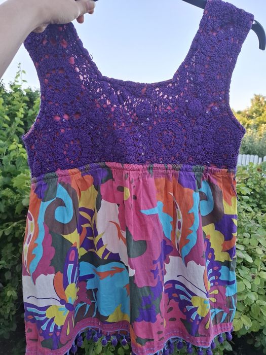 Bluză de vară fără mâneci mov cu imprimeu multicolor bumbac mărimea S-M
