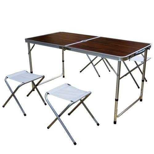 Комплект сгъваема преносима маса с 4 стола - синя, кафява и бяла
