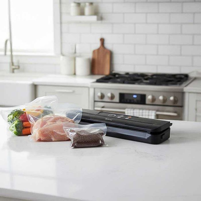 Уред за запечатване на храна с вграден нож и 10 броя вакуум торбички