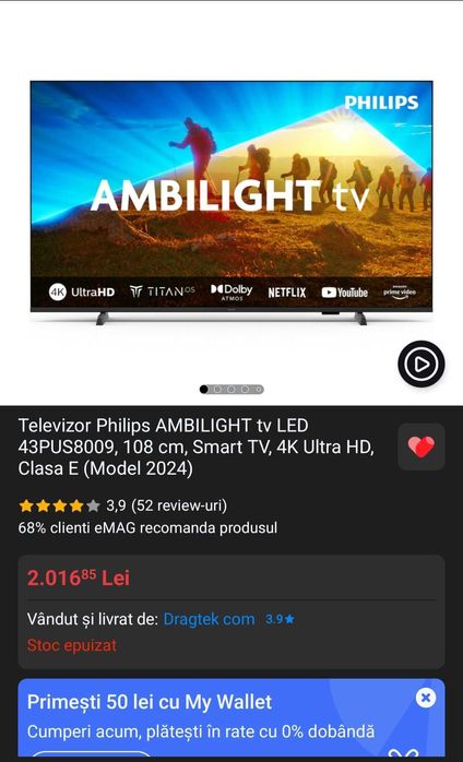 Televizor Philips AMBILIGHT tv LED 43PUS80009 108 cm Smart TV 4K Ultra HD Clasa E (Model 2024)
