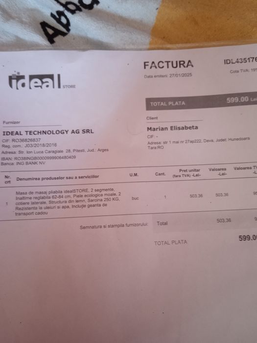 Vând pat de masaj pliant cu 500 lei