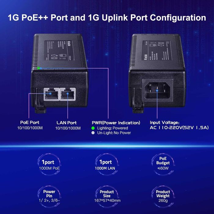 MokerLink Gigabit PoE Injector,802.3af/at/bt 60W,10/100/1000Mbps Ether