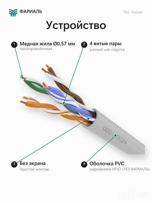 Кабель витая пара U/UTP Cat 6 PVC 4x2x0,57 ТКЗ ФАРИАЛЬ, 305 м