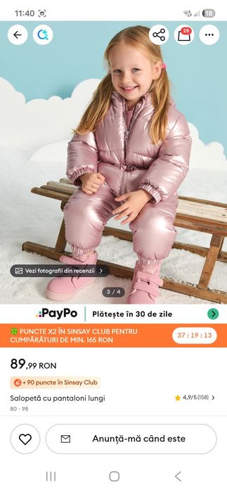 Salopeta îmblanita Sinsay 98 cm, stare foarte bună, defect  închidere cordon