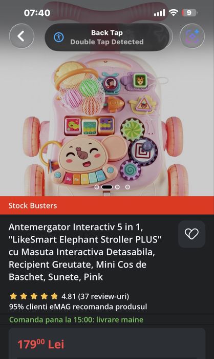 Antemergator Interactiv , "LikeSmart Elephant Stroller PLUS", Recipient Greutate, Mini Cos de Baschet, Sunete, Pink