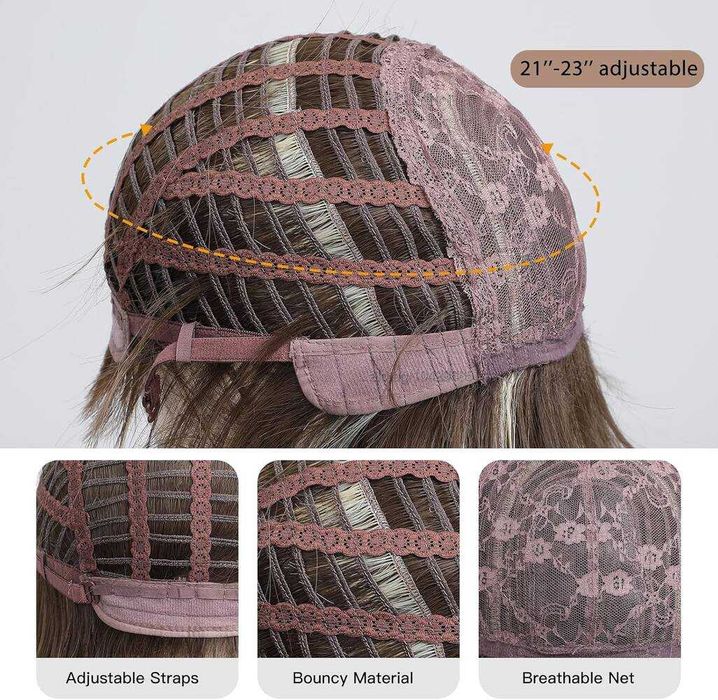 Тъмно руса перука с фини светли кичури и дълъг бретон