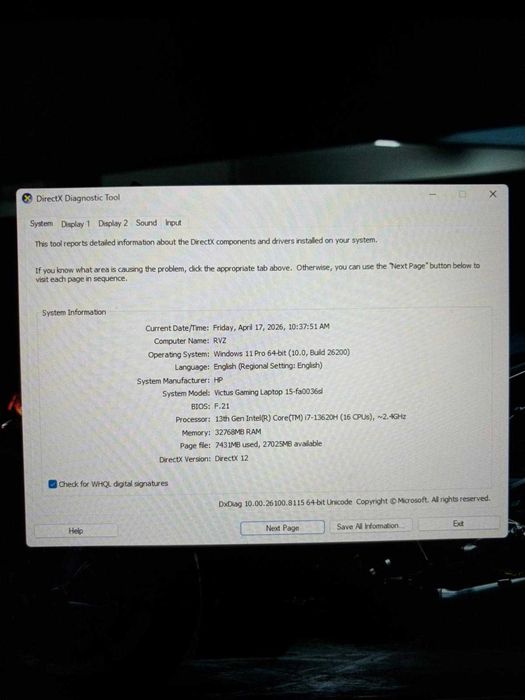 Laptop HP Victus Gaming 15 144hz i7-13620H, RTX 4060, 32GB RAM 2TB SSD