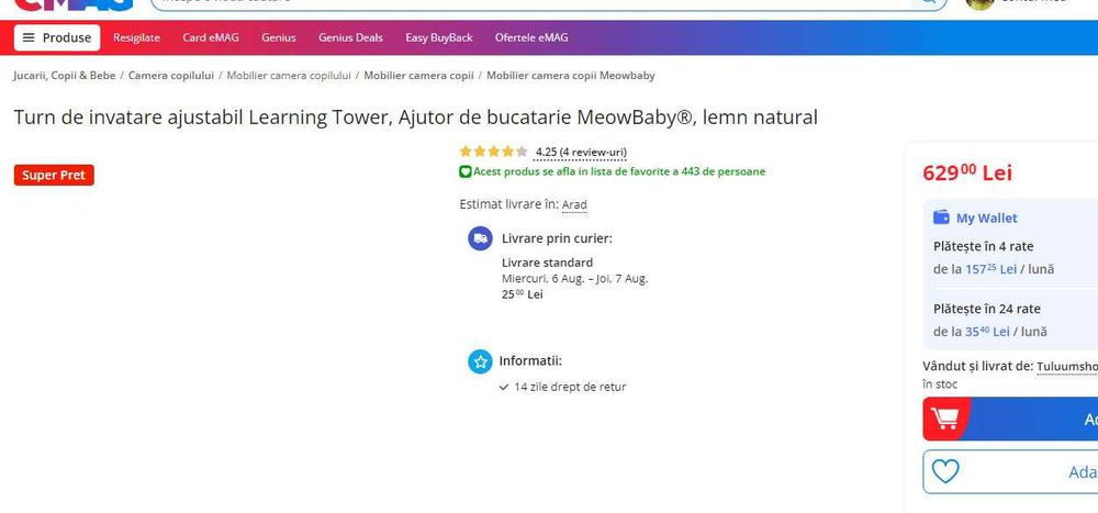 Scaun bebe  de bucatarie din lemn copii , MeowBaby