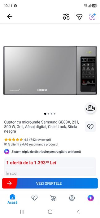 Cuptor cu microunde Samsung GE83X, 23 l, 800 W, Grill, Afisaj digital, Child Lock, Sticla neagra
