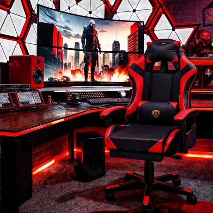 Геймърски стол с масажна функция и поставка за крака, Черен/Червен/син